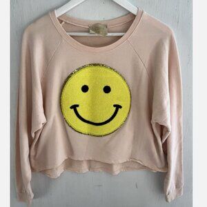 JUDITH MARCH Peach Oversized Cropped Sweatshirt 3D Embossed Smiley Face Size S